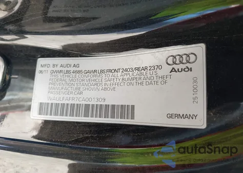 2012 Audi A5 2.0T Premium z USA, uszkodzony, nr VIN WAULFAFR7CA001309